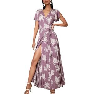 Lulus Floral Wrap Maxi Dress Womens M Lavender Tie Waist Vacation Wedding